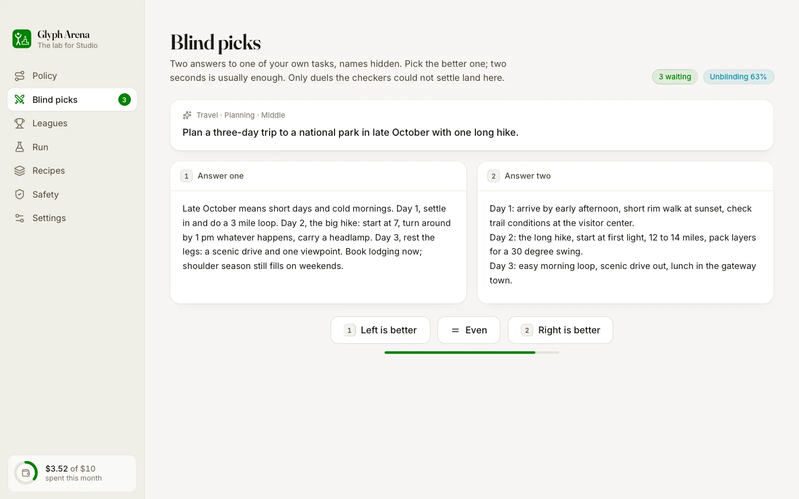 A blind pick: two answers to one of your own tasks, names hidden, pick one in two seconds
