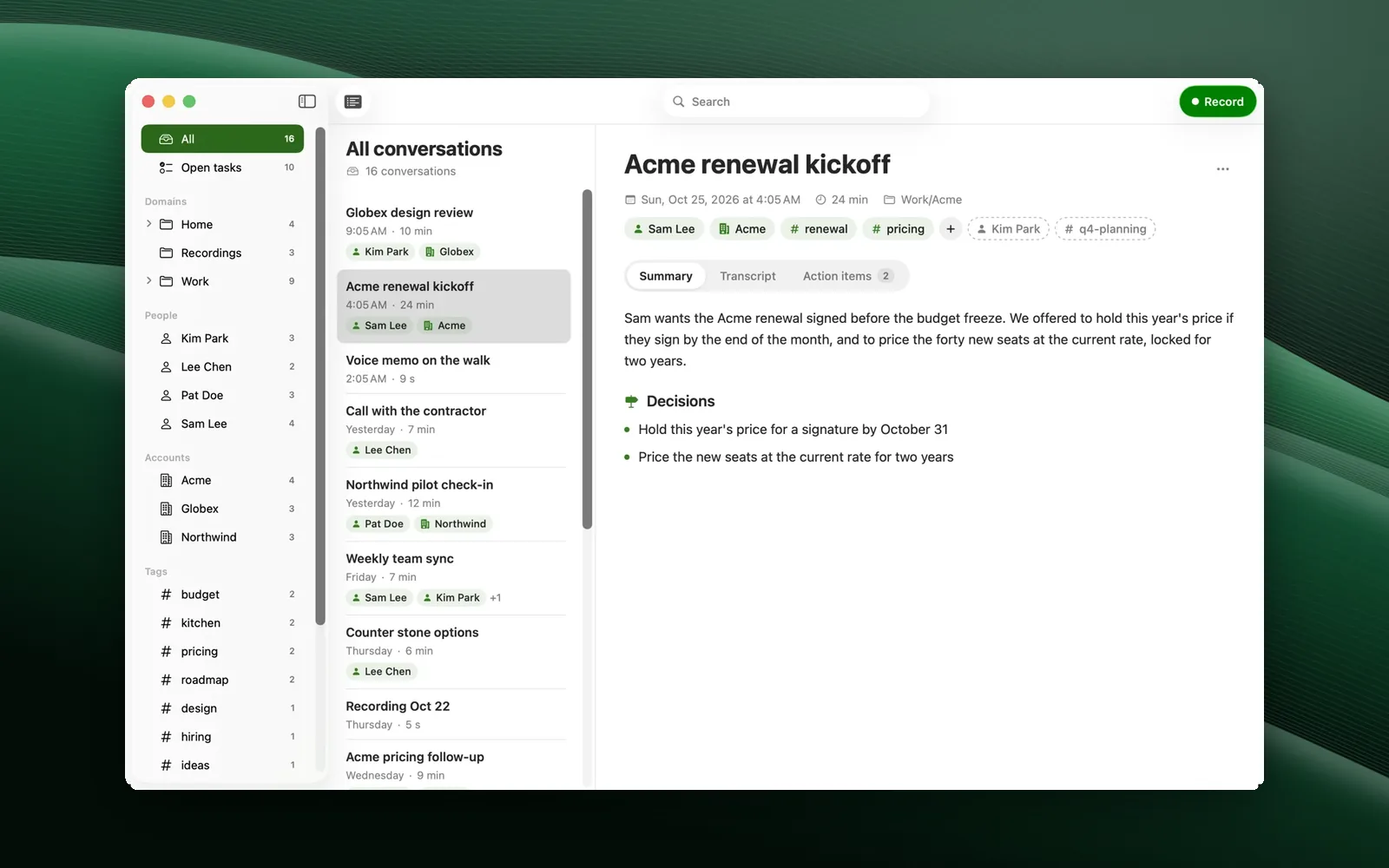 An export from Glyph Cast: the screen framed on a green wave wallpaper, with rounded corners and a soft shadow