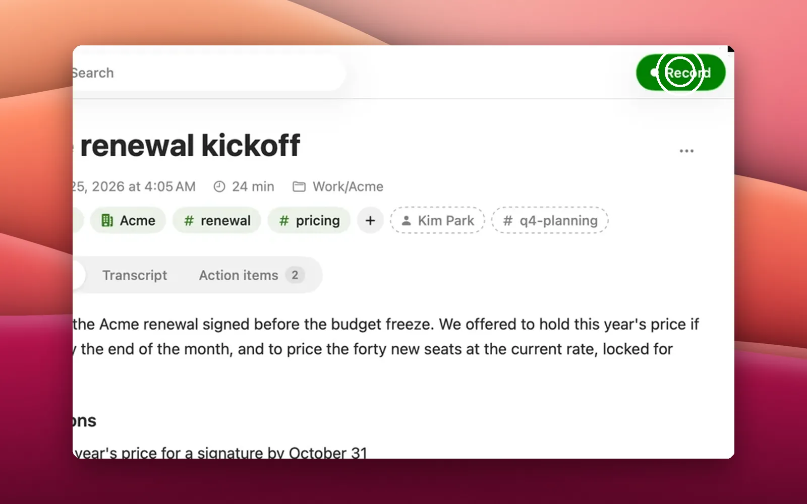 A zoom on a click: the video moves in on the Record button, with a click ring around it