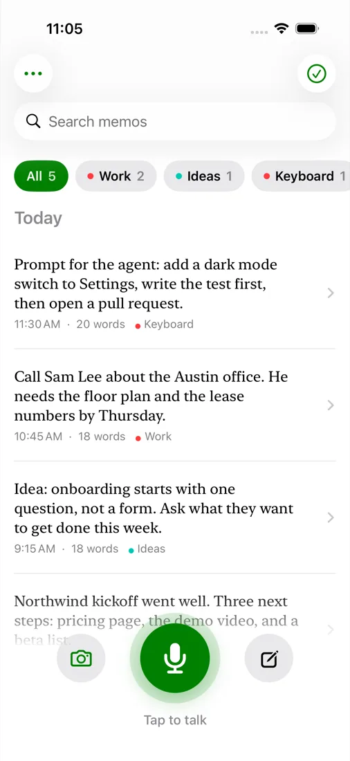 The memo list with its tags