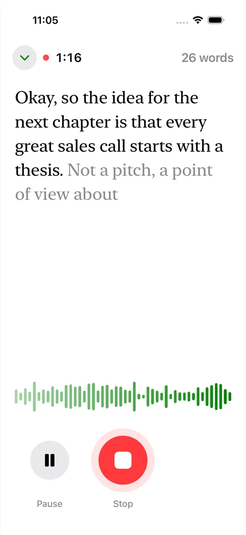 Recording a memo, the words appearing as you talk