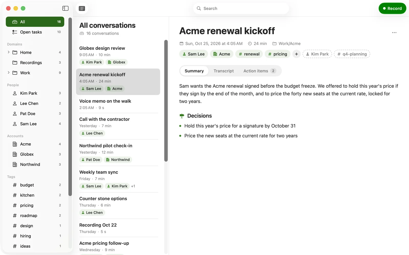 Glyph Record: the Acme renewal call filed under Sam Lee, Acme and its tags, with the summary and decisions