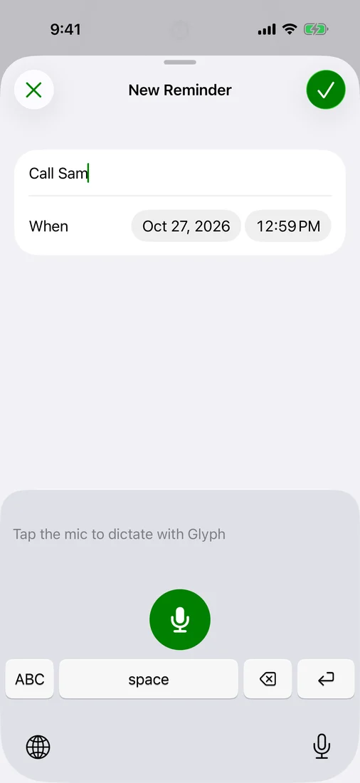 A new reminder on iPhone: Call Sam, with its day and time