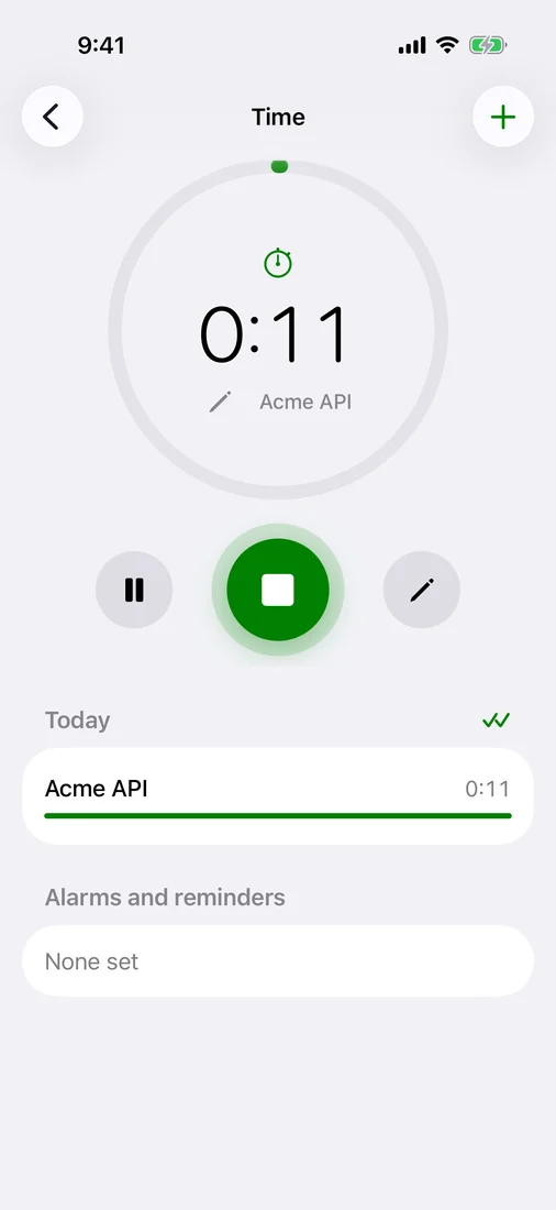 Glyph Time in the Glyph app on iPhone: Acme API running at 0:11, with pause, stop and rename