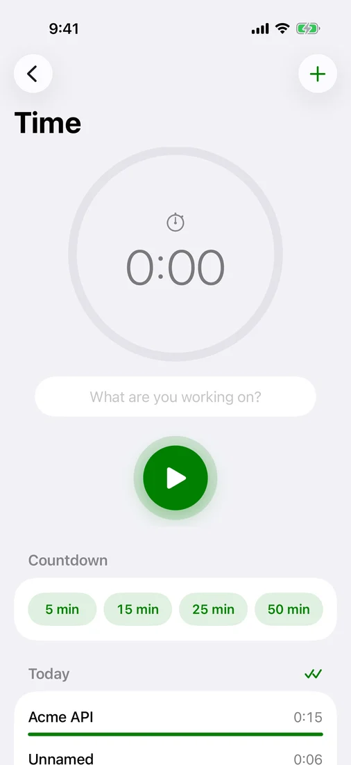 Today's totals on iPhone, Acme API and an unnamed countdown, with an alarm and a reminder set