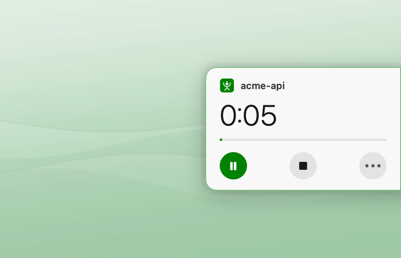 A session on acme-api: the clock open on the right edge of the screen at 0:05, with pause, stop and more