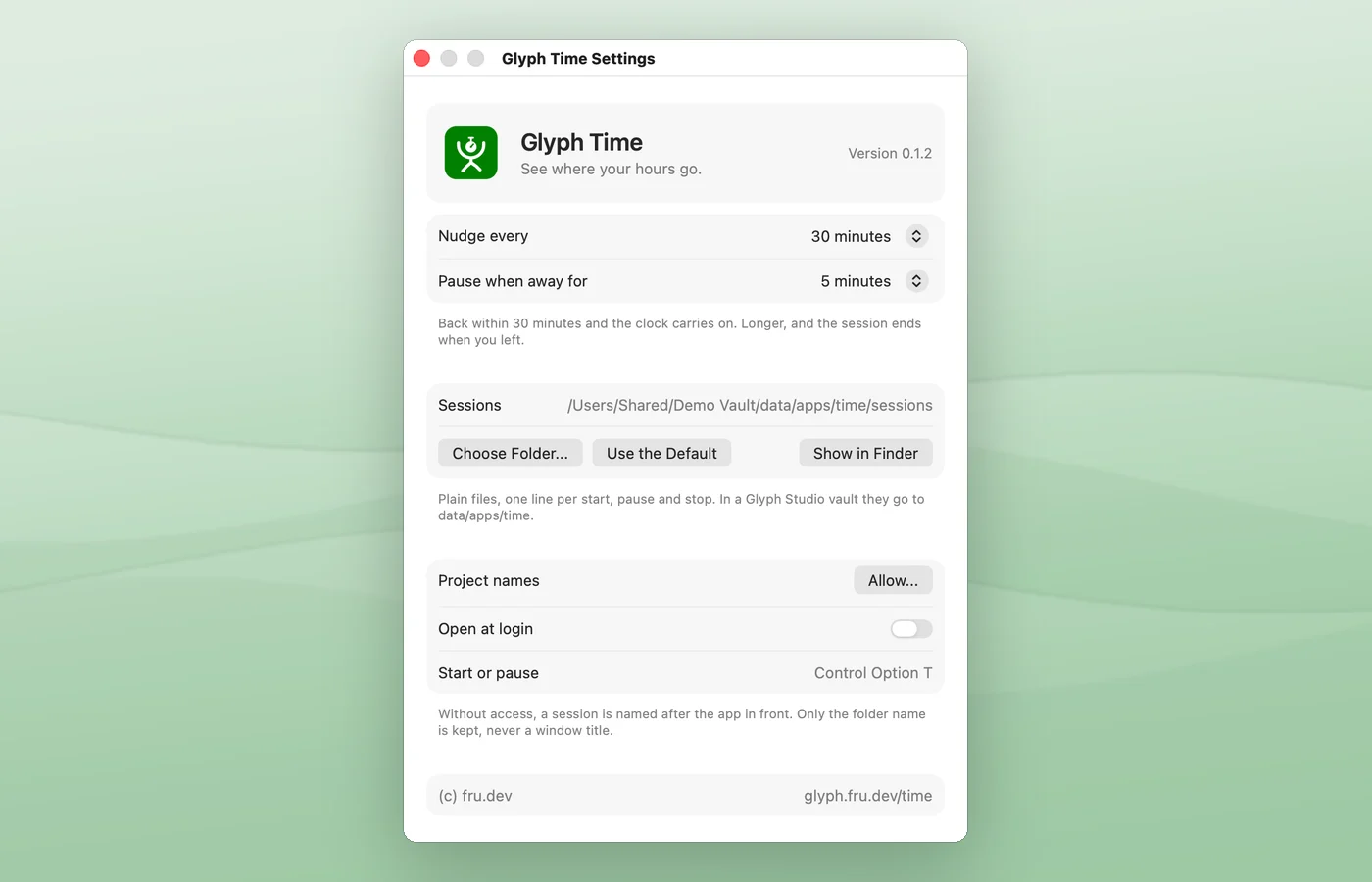 Glyph Time settings: nudge every 30 minutes, pause when away for 5 minutes, sessions saved to a vault folder